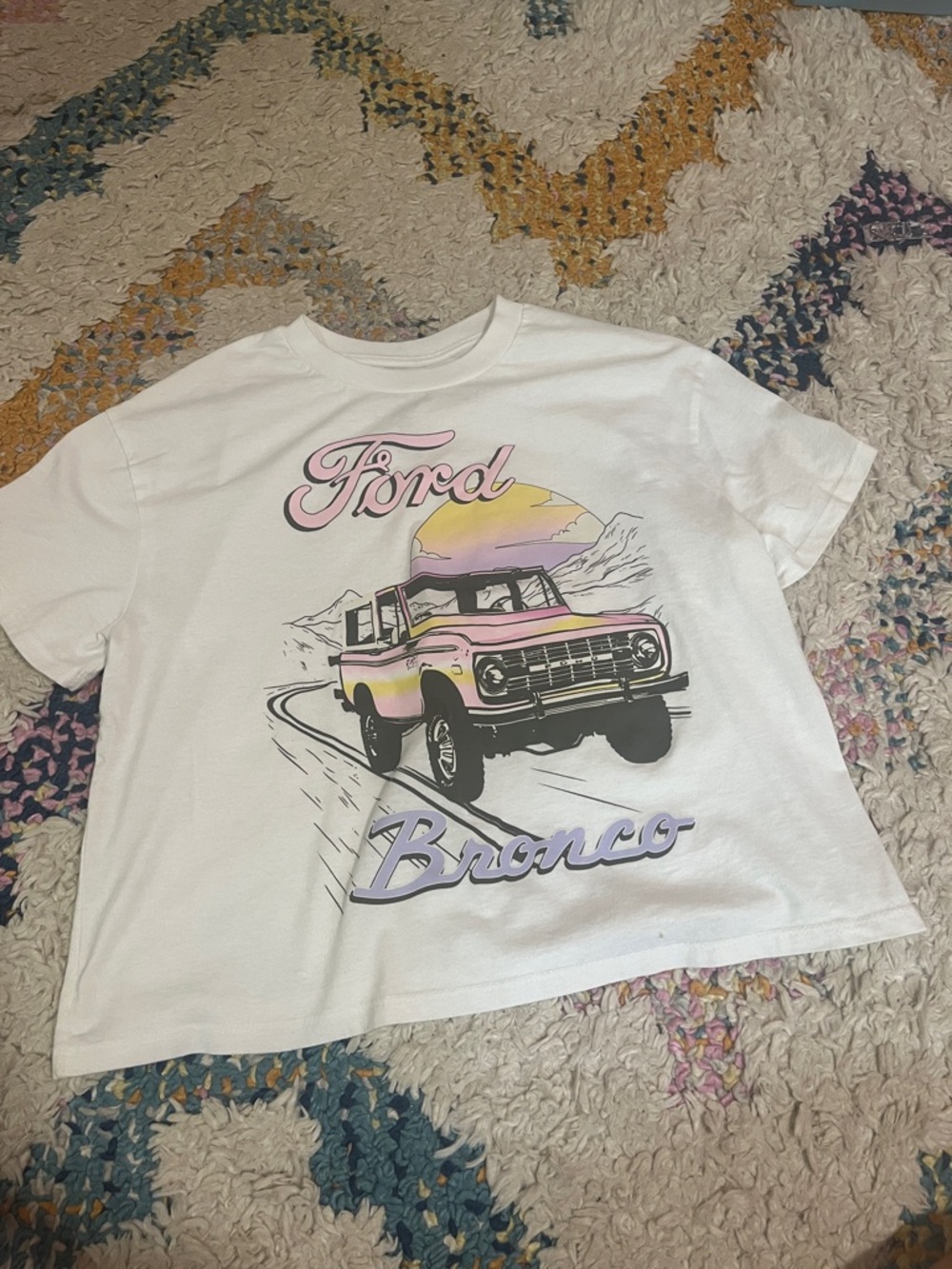 Ford White Tee with Pink and Lavender Bronco Graphic